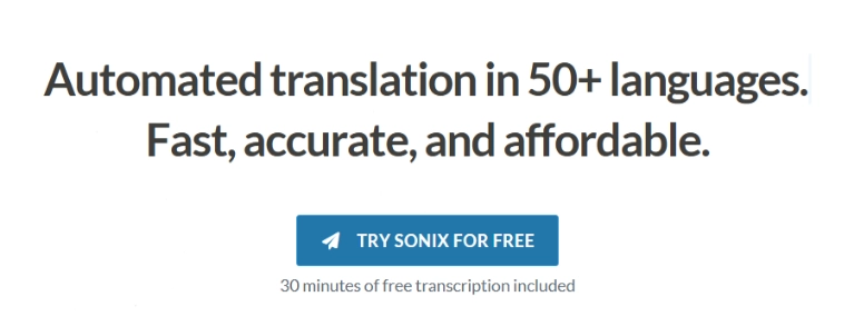 Homepage of Sonix, a platform offering automated transcription services.