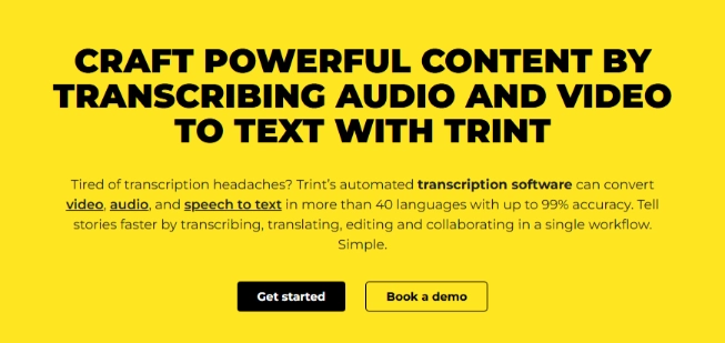 Homepage of Trint, a software for transcription.