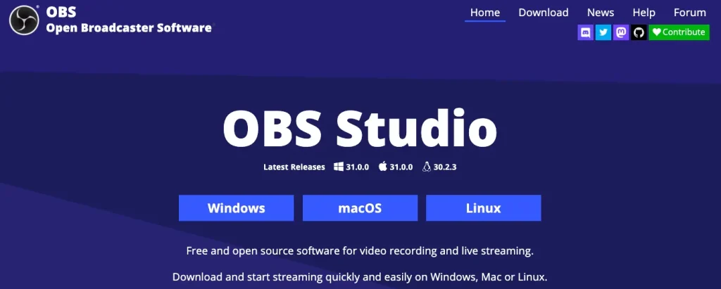 The homepage of OBS Studio, one of the best free Loom alternatives for screen recording.