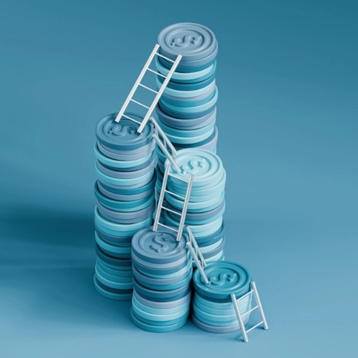 Blue coins stacked on blue background with white ladders.