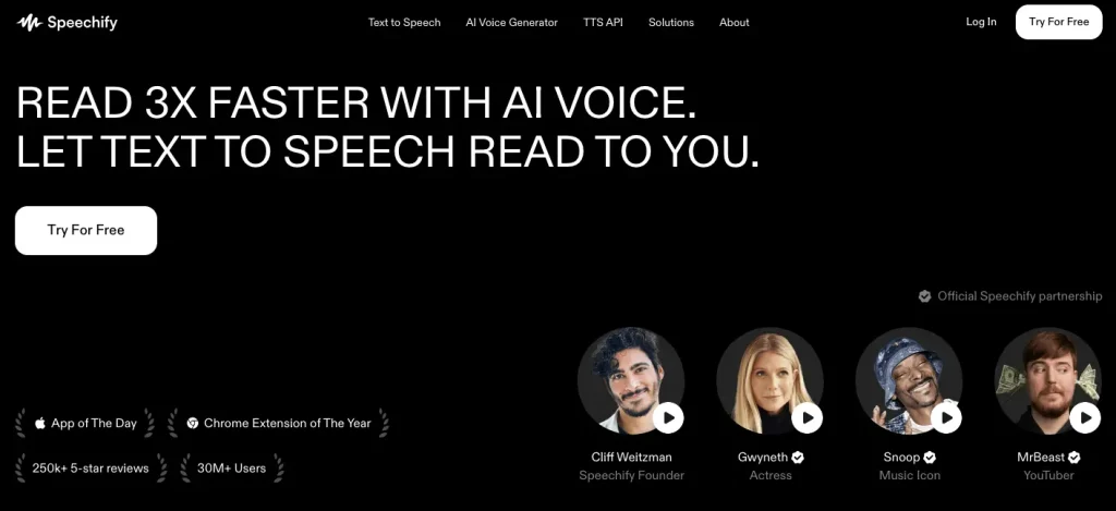 The homepage of Speechify.