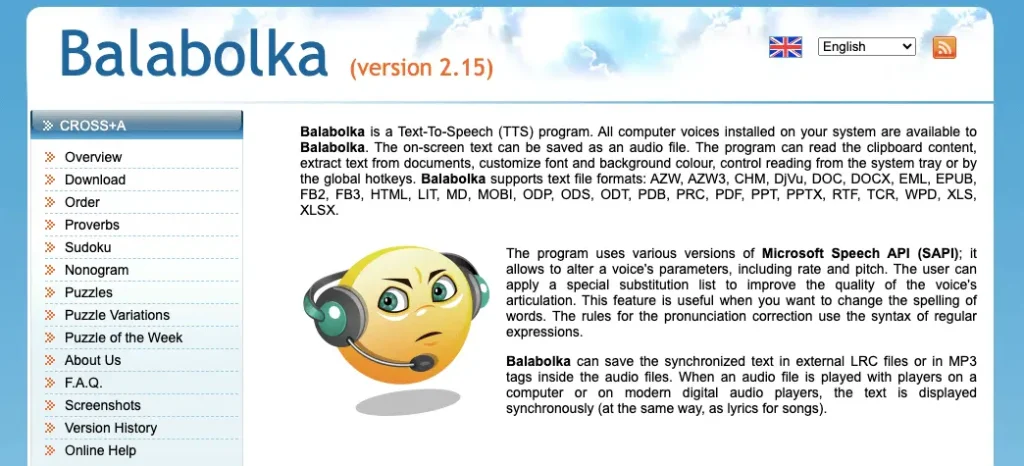 The homepage of Balabolka.