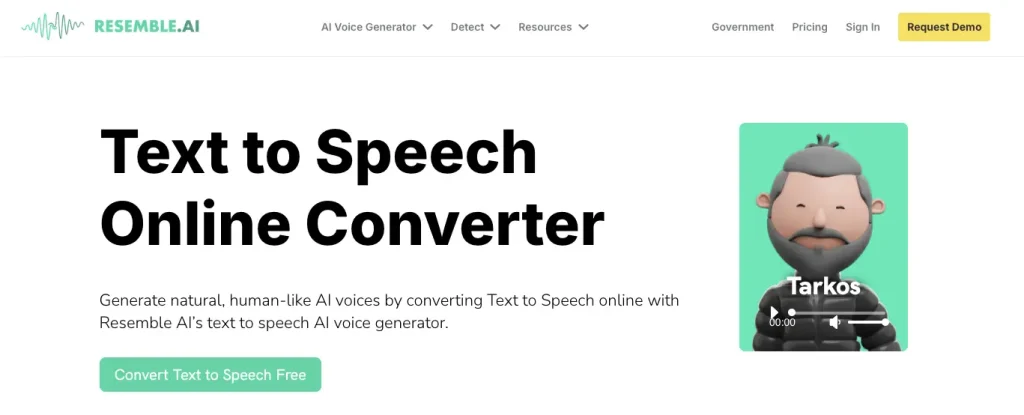 The web page of Resemble AI's text-to-speech tool.