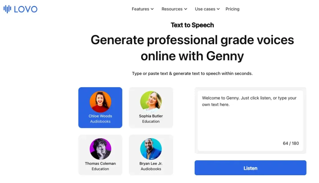 The web page of LOVO AI's TTS tool Genny.