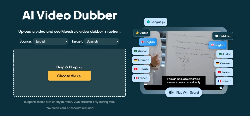 The web page of Maestra's AI video dubber tool.