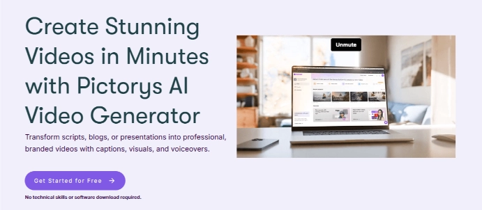 The web page of Pictory's AI video generator tool.