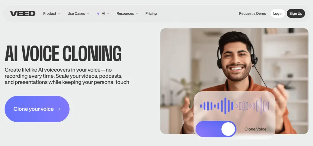 The web page of VEED's AI voice cloning tool.
