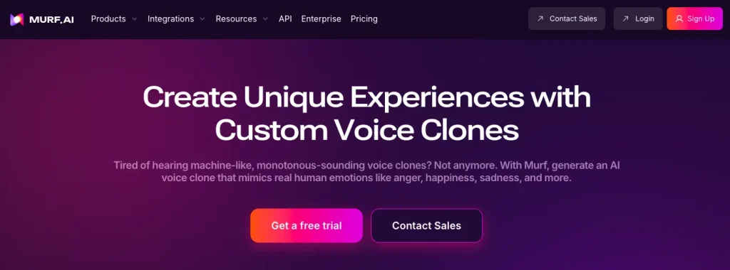 The web page of Murf AI's custom voice cloning software.