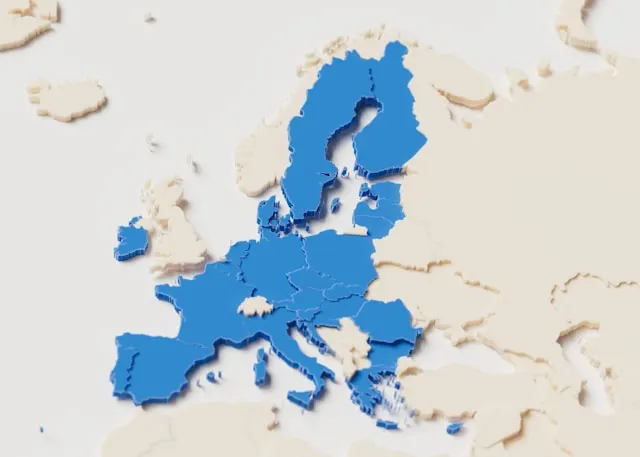 A white map highlighting EU countries in blue.