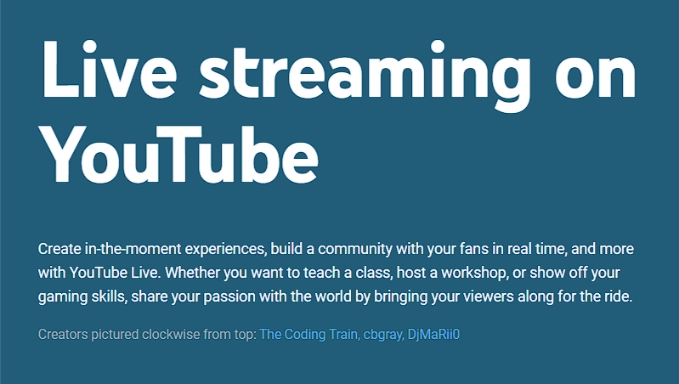 Web page of YouTube Creators focusing on live streaming.