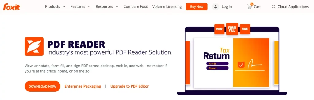 The web page of Foxit PDF Reader, one of the best Adobe alternatives for PDF editing.