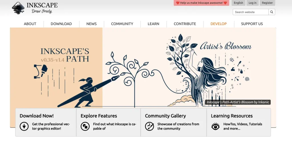 The homepage of Inkscape, one of the best Adobe illustrator alternatives.