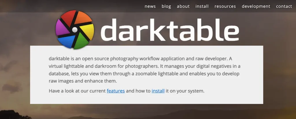 The homepage of Darktable.