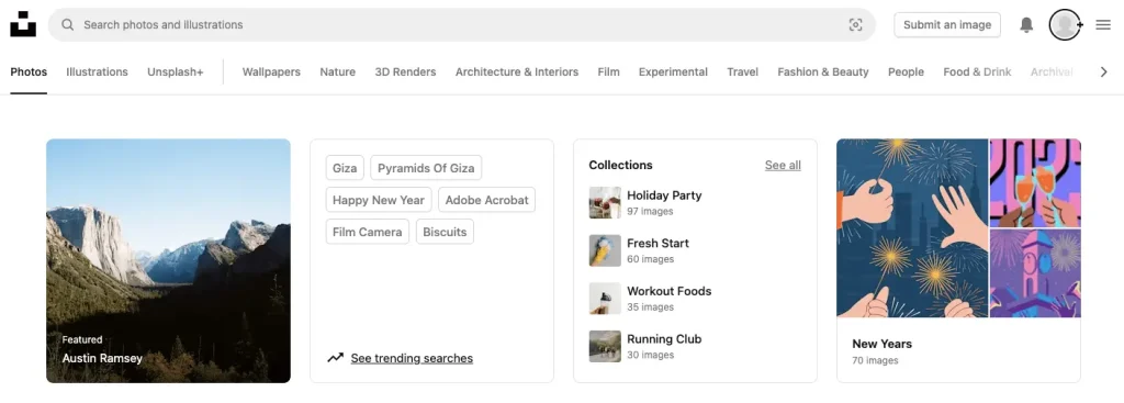 The homepage of Unsplash.