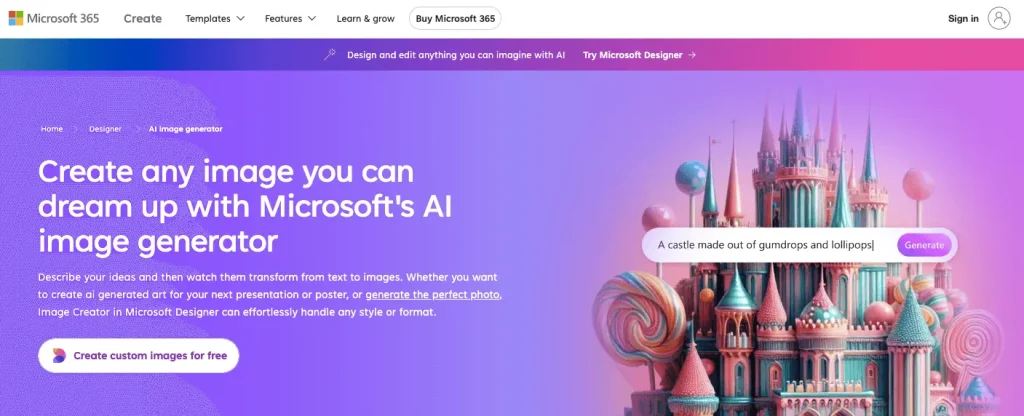 The web page of Microsoft Designer's AI image generator.