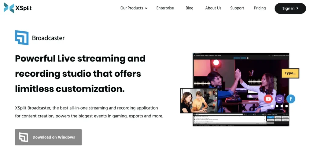 The homepage of XSplit Broadcaster.