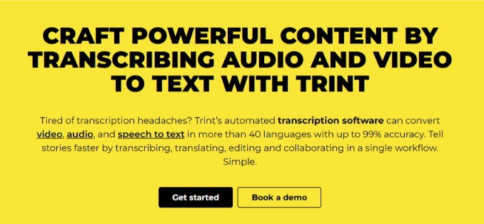 Homepage of Trint, a Transkriptor alternative for generating AI-powered transcriptions.