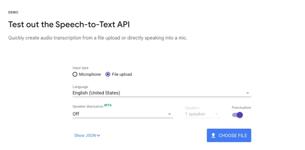 The web page of Google's speech-to-text API model.