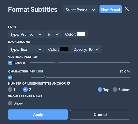 Maestra's subtitle formatting options.