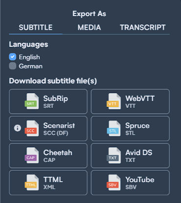 File type options to export subtitles.