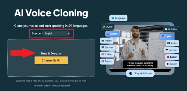 Select the source language and upload the media file to Maestra's voice cloning tool.