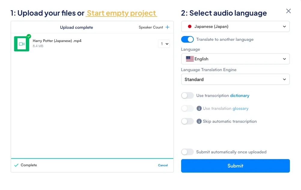 How to upload a file to Maestra's AI video translator.