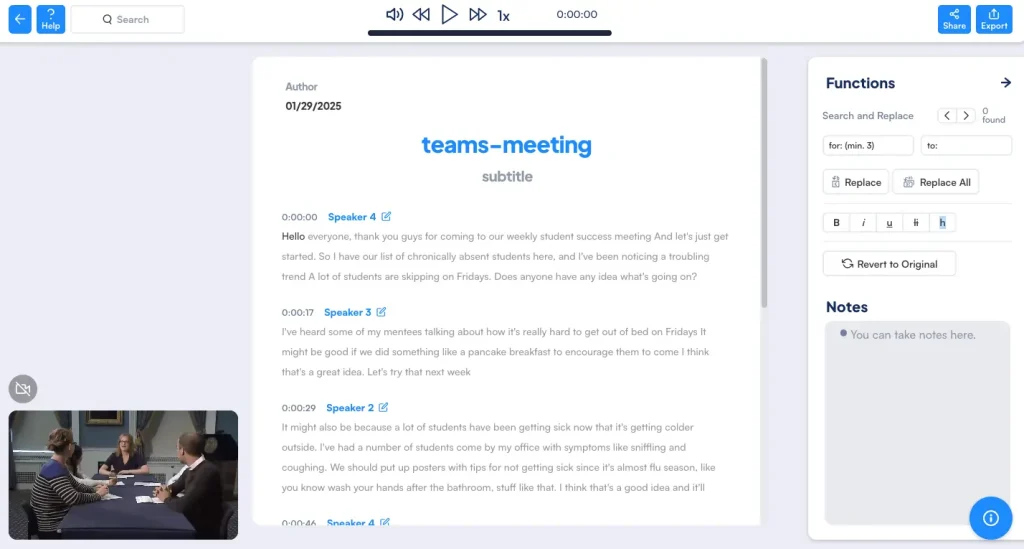 The built-in editor of Maestra's AI meeting transcription software.