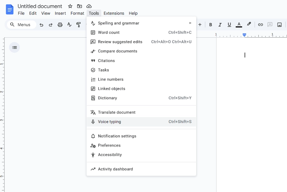 Google Docs' tools menu, showing the voice typing feature.