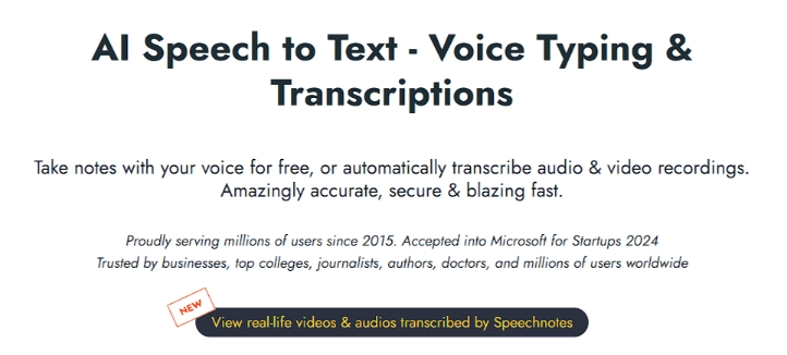 Homepage of Speechnotes.