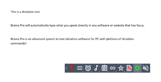 Braina Pro dictation software working on a Word document.