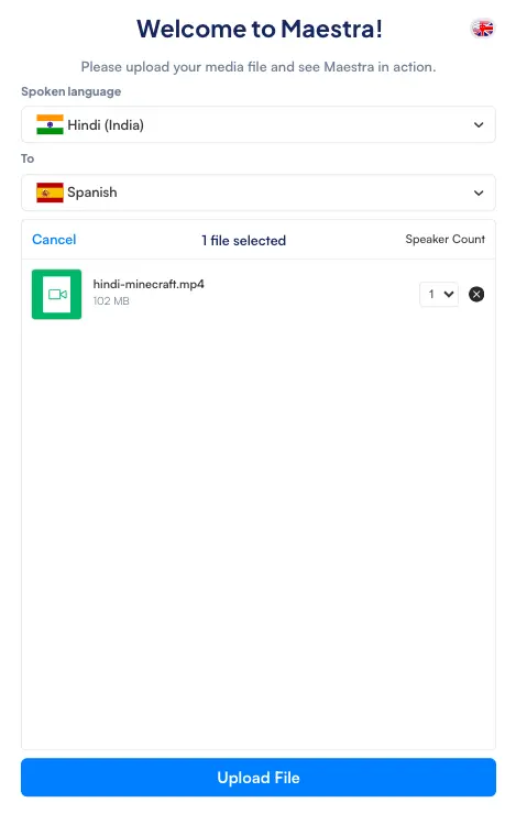How to upload a file to Maestra's AI video translator.