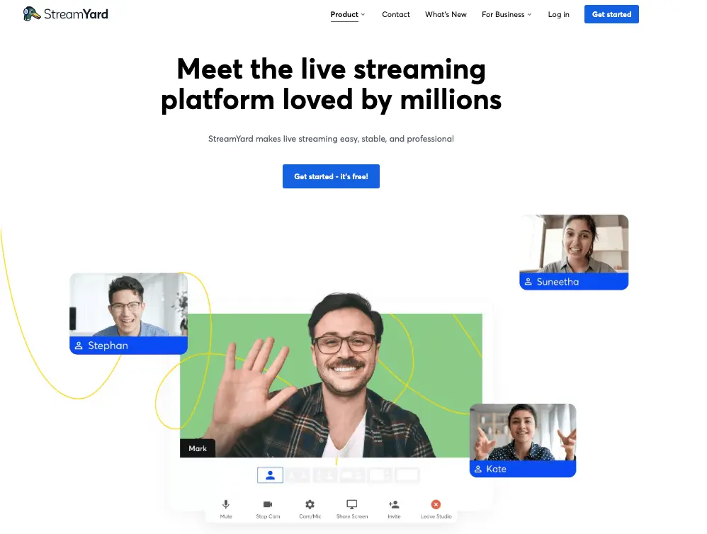 The homepage of StreamYard.