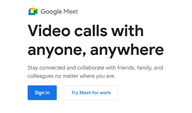 Homepage of Google Meet.