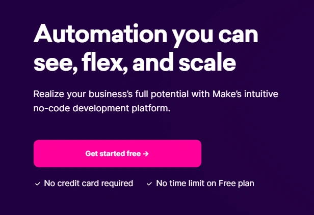 Homepage of Make, a workflow automation tool.