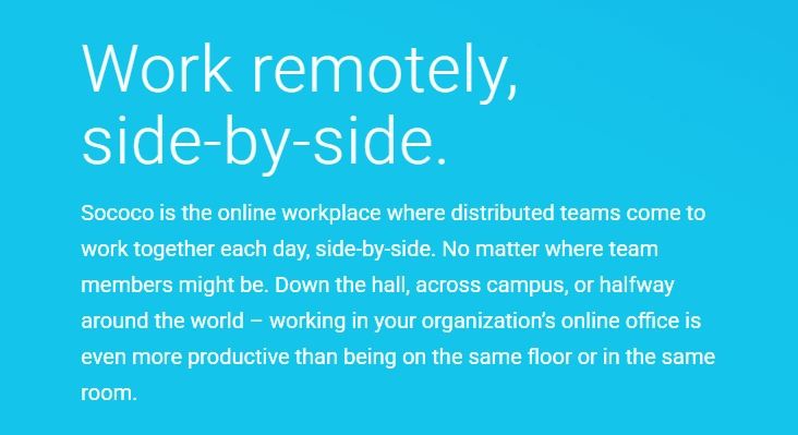 Web page of Sococo, a virtual office platform for remote workers.