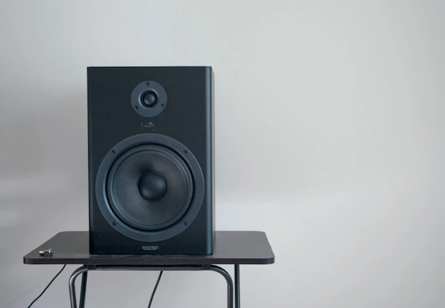 A black speaker on a small table.