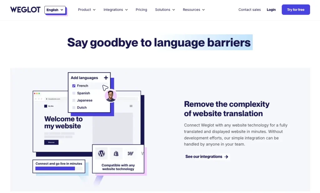 The homepage of Weglot, one of the best translation software for website translation.