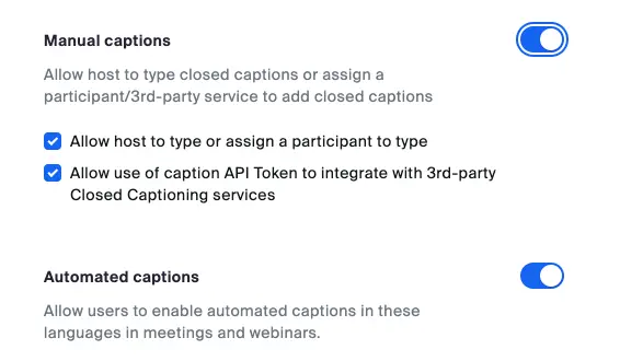 How to enable manual and automated captions for Zoom live transcription