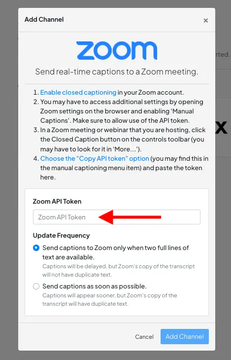 How to enter the Zoom API token for Maestra's Zoom live transcription integration.