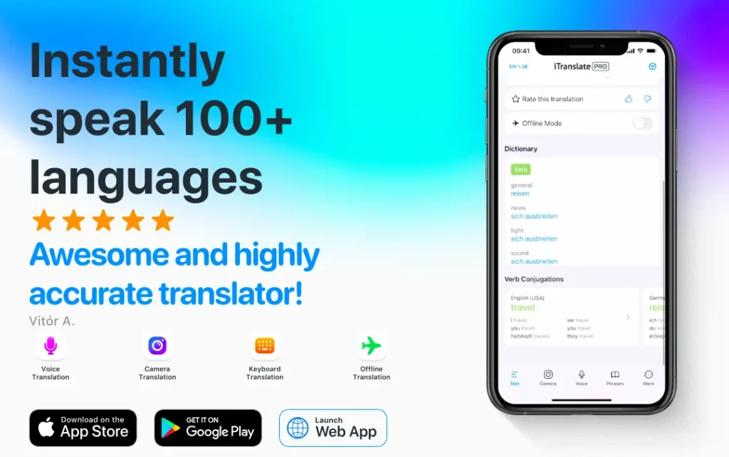 The web page of the iTranslate app.