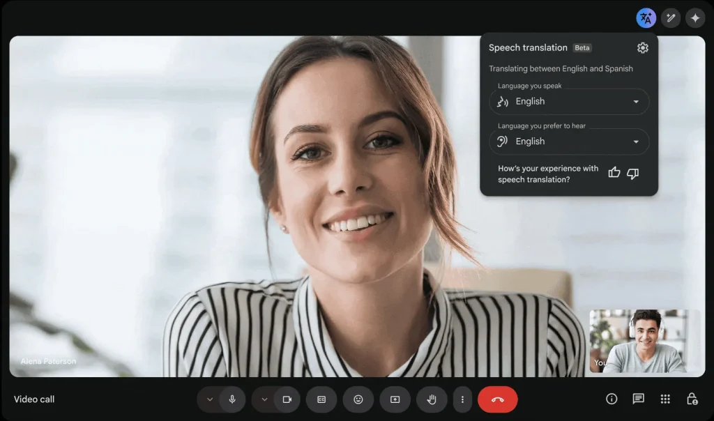 The interface of Google Meet real-time speech translation feature.