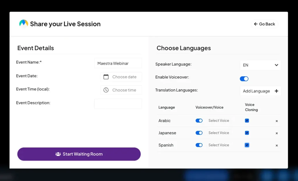 How to set up multilingual live voice translation sessions with Maestra.